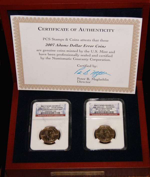 2007 Adams Error Coins NGC 1949946-140 & NGC 3116173-134 Missing Edge Lettering with wood box
