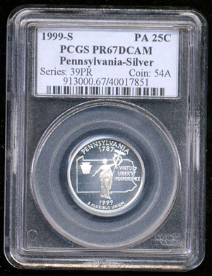 1999-S Pennsylvania Silver Statehood Quarter PCGS PR67-DCAM