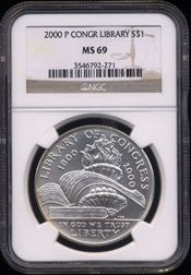 NGC MS-69 2000 P Library of Congress Silver Dollar